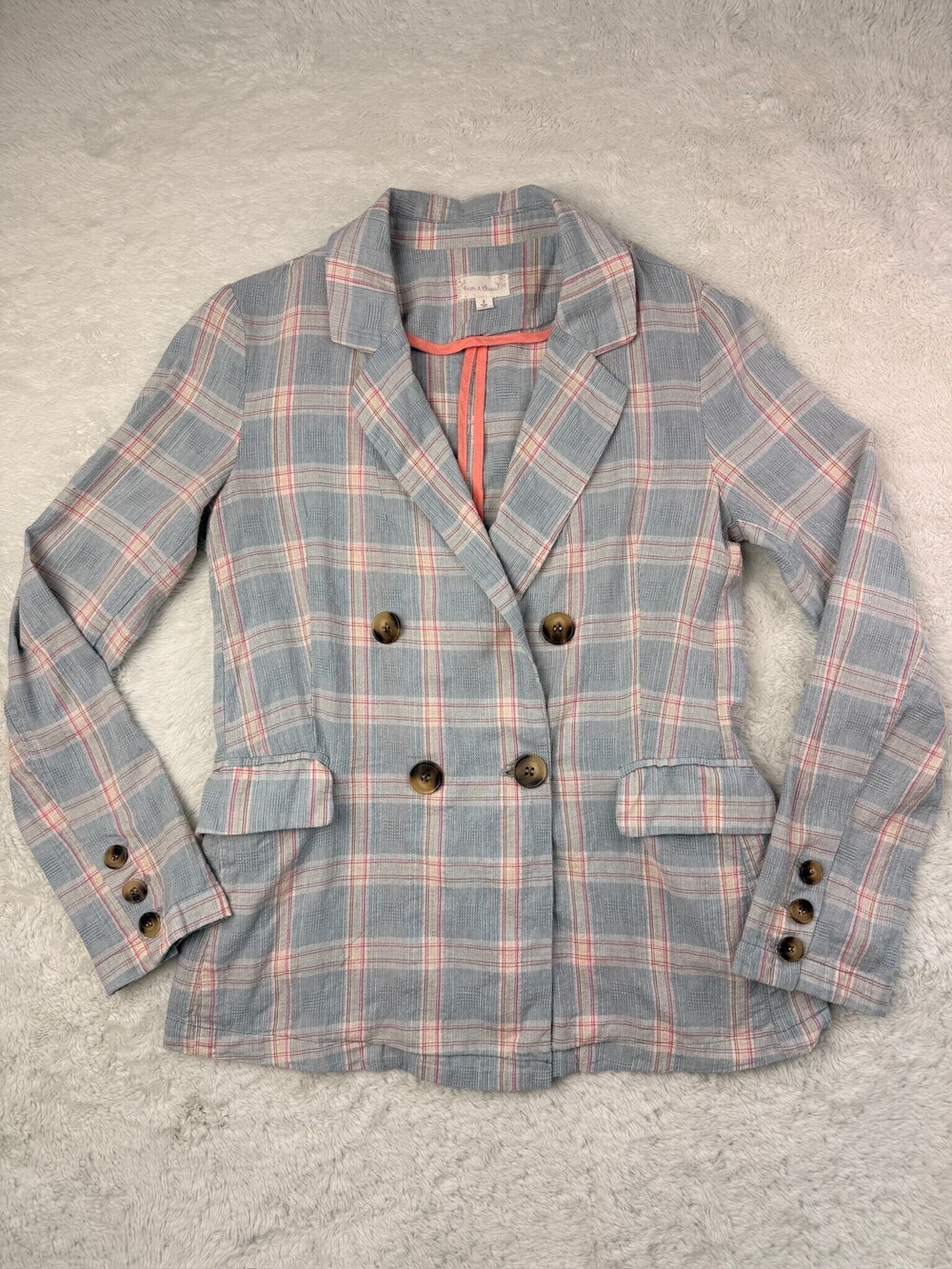 Hem & Thread Women’s Small Blue Plaid Double-Breasted Blazer Coral Trim - Picture 2 of 7